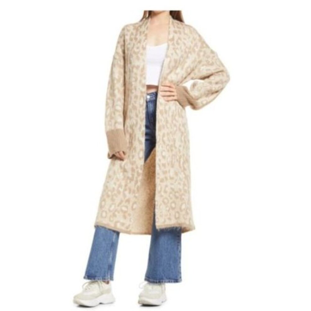 Topshop Long Leopard Open Cardigan Oversized Cheetah Duster Sweater Size 8-10